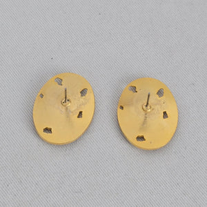 Vintage Gold Tone Floral Cloisonné Enamel Oval Stud Earrings