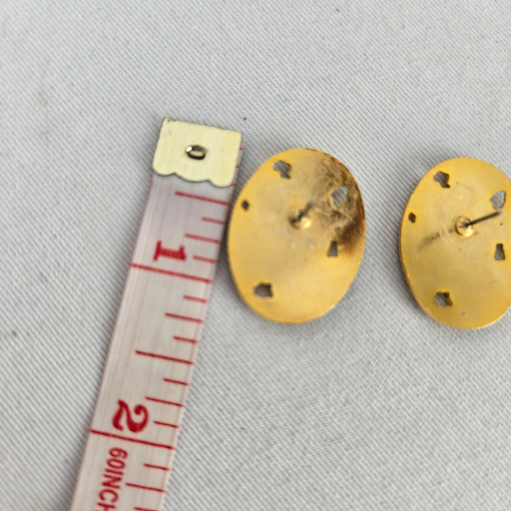 Vintage Gold Tone Floral Cloisonné Enamel Oval Stud Earrings