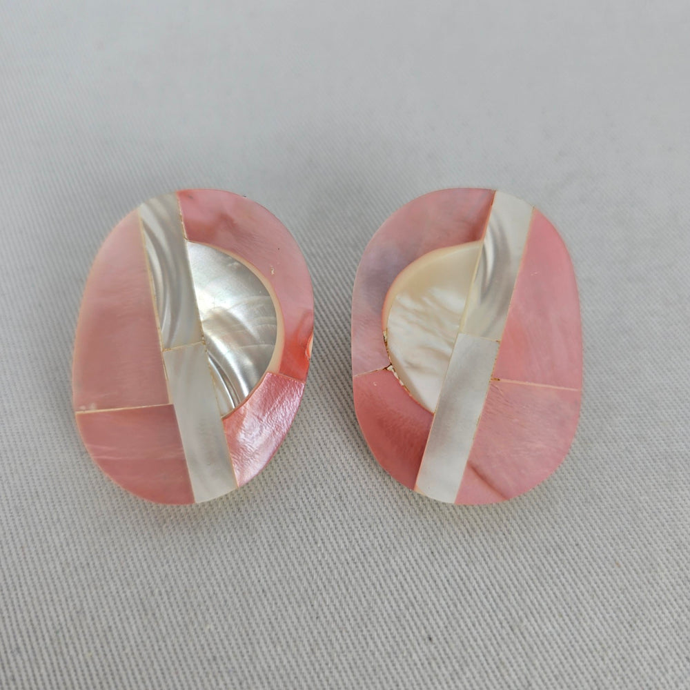 Vintage Pink & White Shell Inlay Geometric Statement Earrings