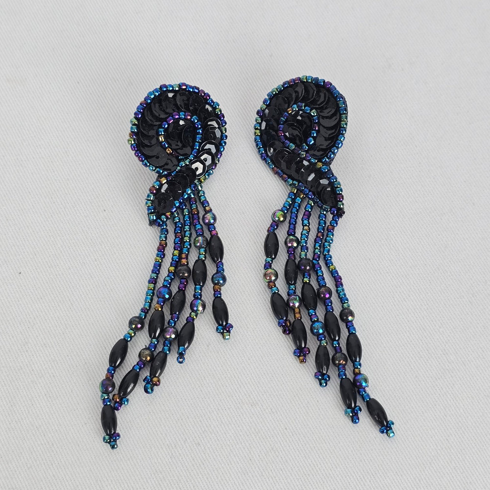 Vintage Black Sequin & Iridescent Beaded Chandelier Earrings