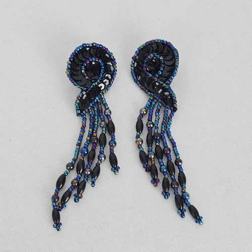 Vintage Black Sequin & Iridescent Beaded Chandelier Earrings