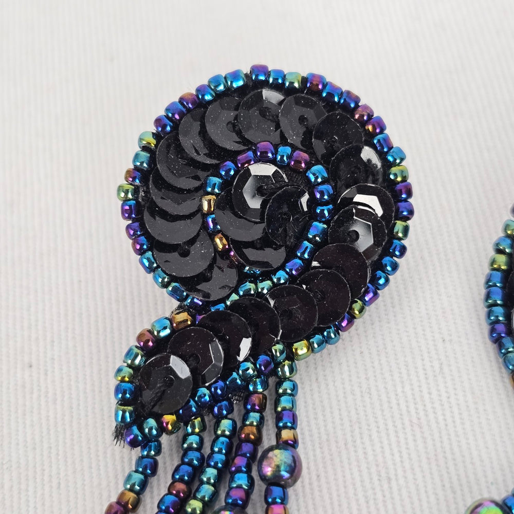 Vintage Black Sequin & Iridescent Beaded Chandelier Earrings