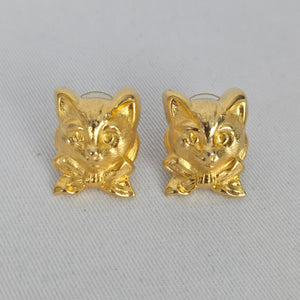 Vintage Gold Tone Cat Face Bow Stud Earrings