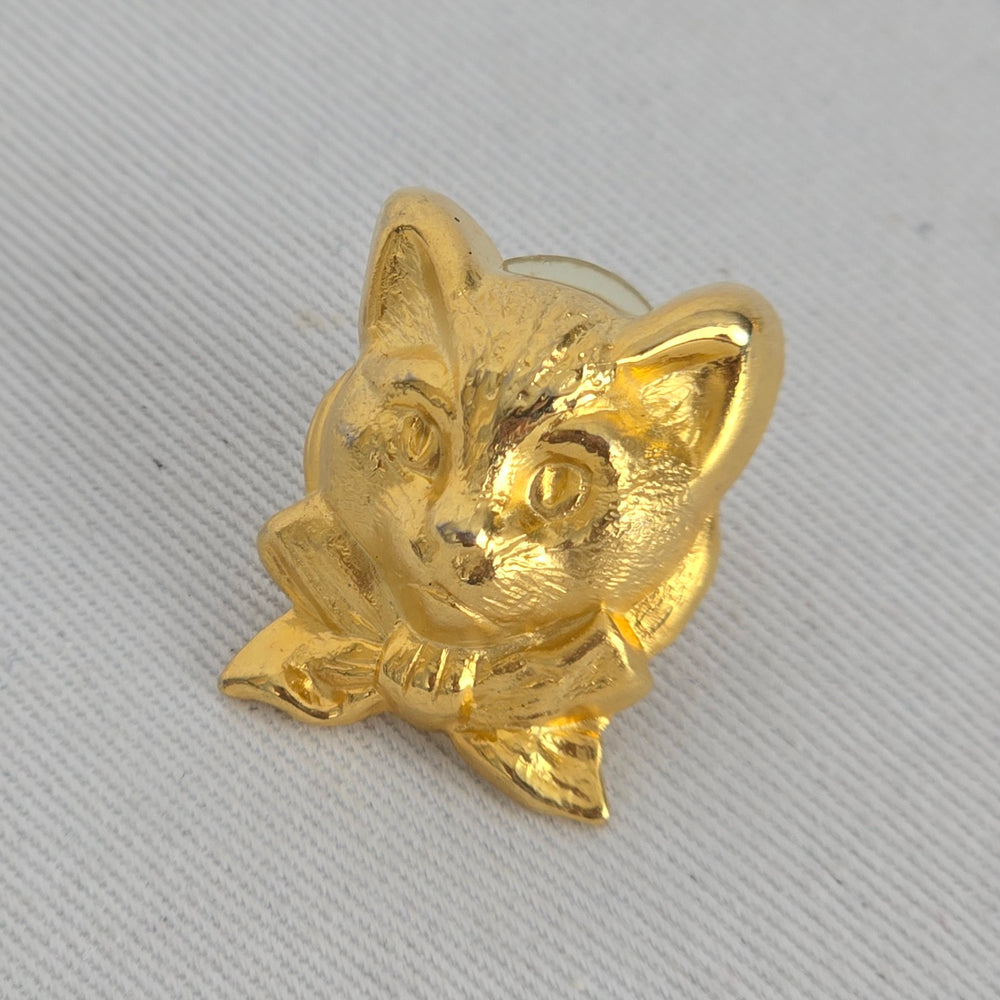 Vintage Gold Tone Cat Face Bow Stud Earrings