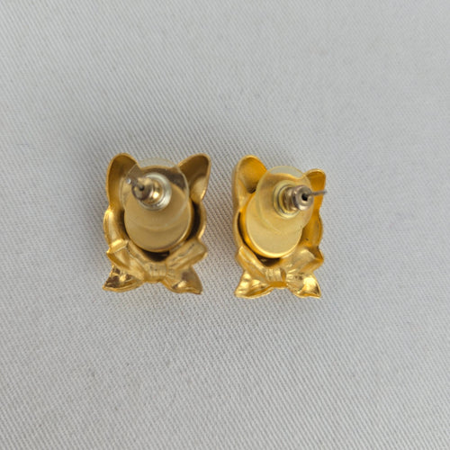 Vintage Gold Tone Cat Face Bow Stud Earrings