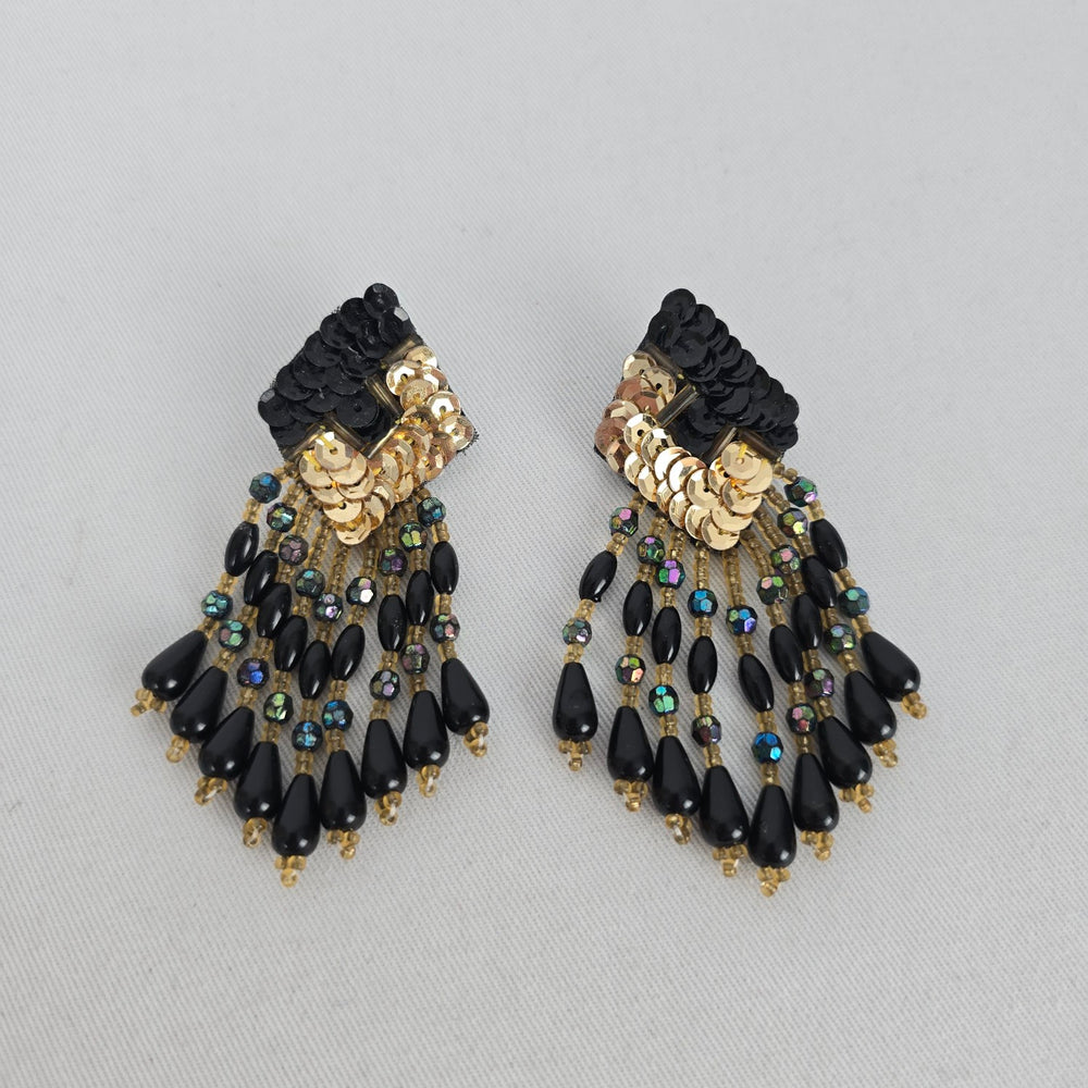Vintage Black & Gold Sequin Beaded Fringe Statement Earrings