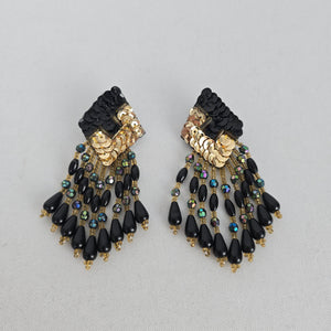 Vintage Black & Gold Sequin Beaded Fringe Statement Earrings
