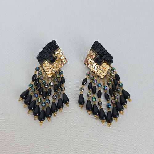 Vintage Black & Gold Sequin Beaded Fringe Statement Earrings