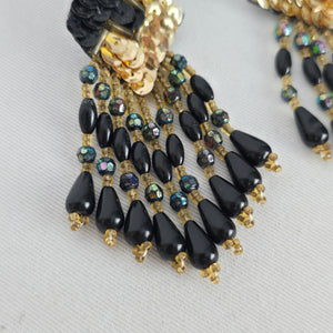 Vintage Black & Gold Sequin Beaded Fringe Statement Earrings