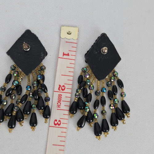 Vintage Black & Gold Sequin Beaded Fringe Statement Earrings