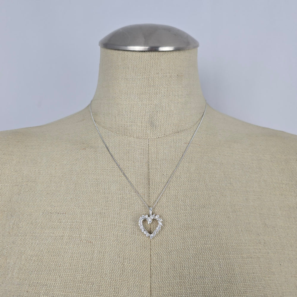 Italian Sterling Silver 925 Clear Crystal Open Heart Pendant Necklace