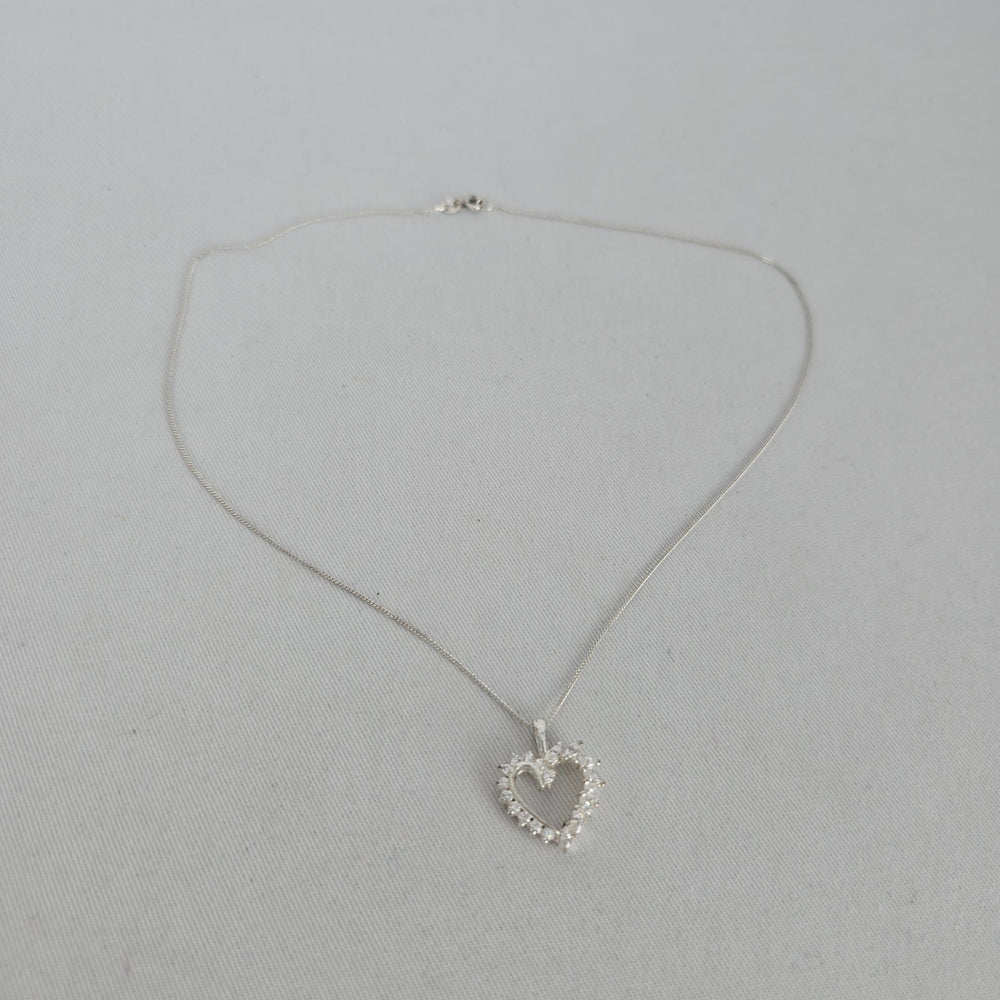 Italian Sterling Silver 925 Clear Crystal Open Heart Pendant Necklace