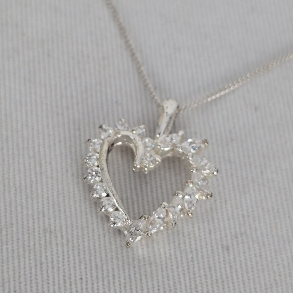 Italian Sterling Silver 925 Clear Crystal Open Heart Pendant Necklace