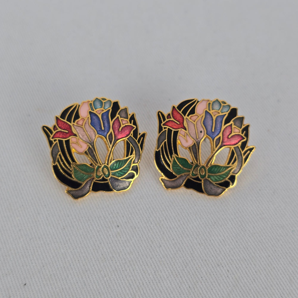 Vintage Cloisonne Enamel Tulip Bouquet Earrings Gold Tone Openwork Floral Pierced Studs