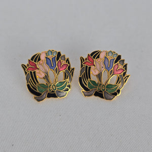 Vintage Cloisonne Enamel Tulip Bouquet Earrings Gold Tone Openwork Floral Pierced Studs