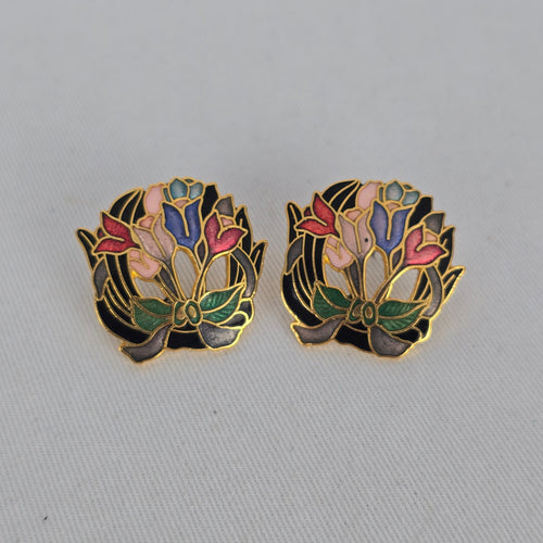 Vintage Cloisonne Enamel Tulip Bouquet Earrings Gold Tone Openwork Floral Pierced Studs
