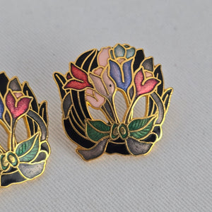 Vintage Cloisonne Enamel Tulip Bouquet Earrings Gold Tone Openwork Floral Pierced Studs