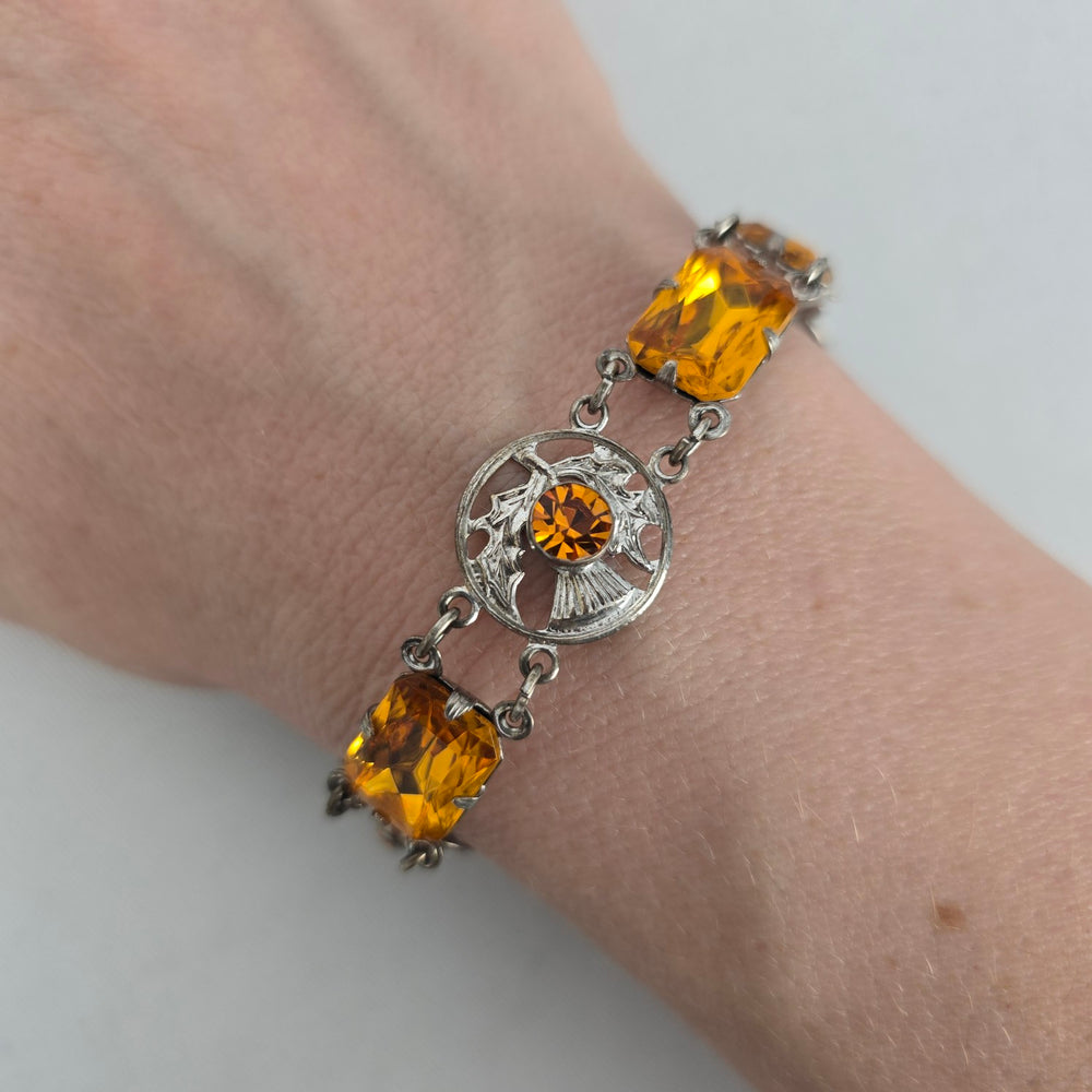 Vintage Ward Brothers Sterling Silver Scottish Thistle Link Bracelet, Citrine Glass Stones