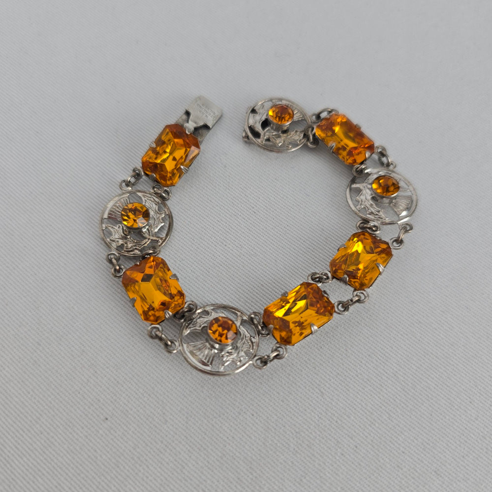 Vintage Ward Brothers Sterling Silver Scottish Thistle Link Bracelet, Citrine Glass Stones