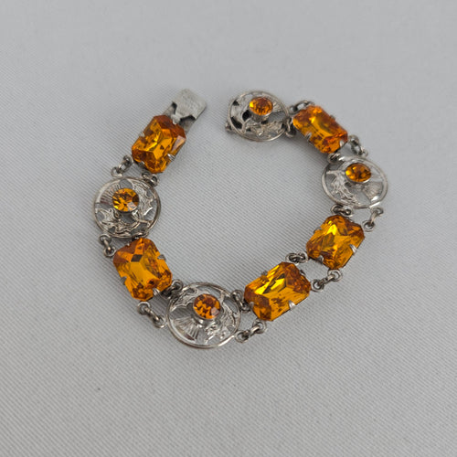 Vintage Ward Brothers Sterling Silver Scottish Thistle Link Bracelet, Citrine Glass Stones