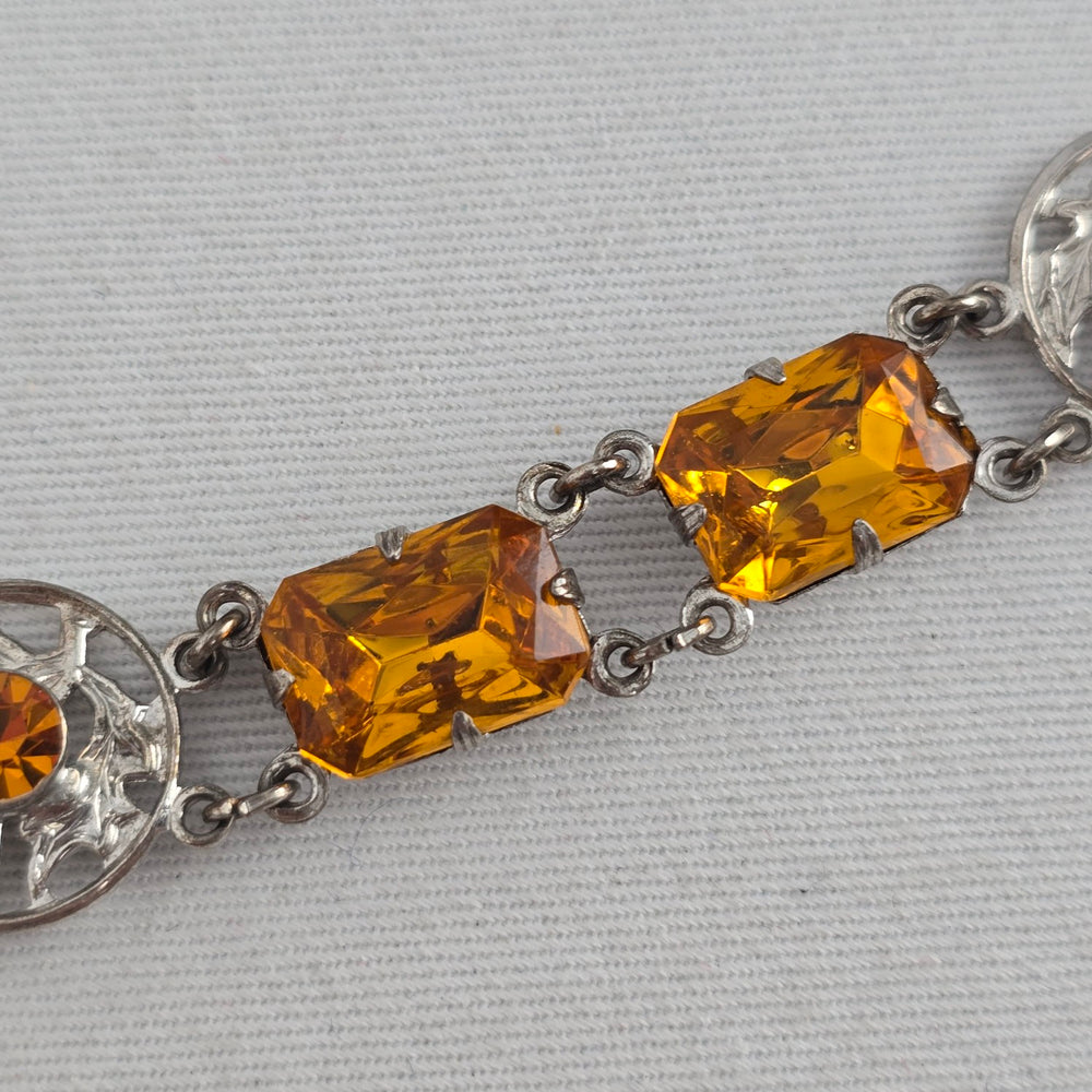 Vintage Ward Brothers Sterling Silver Scottish Thistle Link Bracelet, Citrine Glass Stones