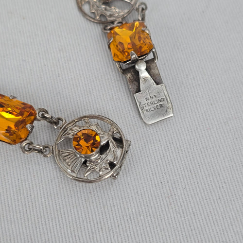 Vintage Ward Brothers Sterling Silver Scottish Thistle Link Bracelet, Citrine Glass Stones