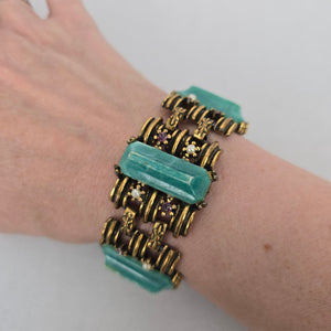 Vintage Gold Tone Aqua Green Stone & Rhinestone Statement Bracelet