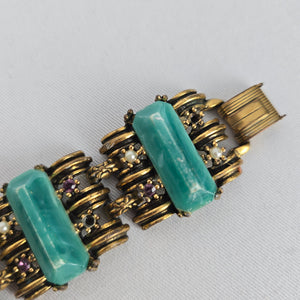 Vintage Gold Tone Aqua Green Stone & Rhinestone Statement Bracelet