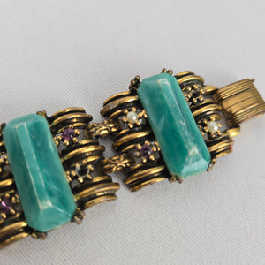 Vintage Gold Tone Aqua Green Stone & Rhinestone Statement Bracelet