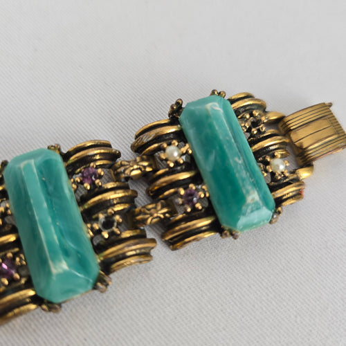 Vintage Gold Tone Aqua Green Stone & Rhinestone Statement Bracelet