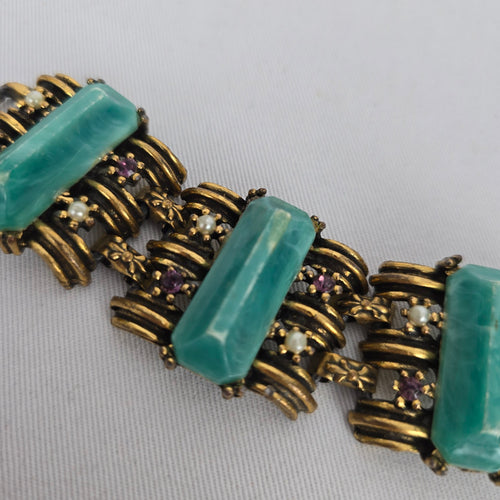 Vintage Gold Tone Aqua Green Stone & Rhinestone Statement Bracelet
