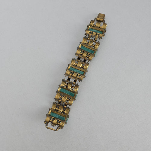 Vintage Gold Tone Aqua Green Stone & Rhinestone Statement Bracelet