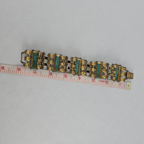 Vintage Gold Tone Aqua Green Stone & Rhinestone Statement Bracelet