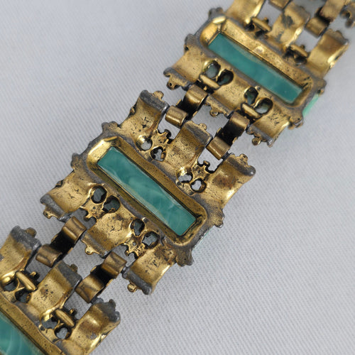 Vintage Gold Tone Aqua Green Stone & Rhinestone Statement Bracelet