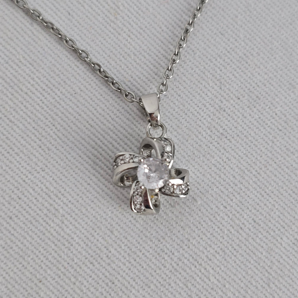 Stainless Steel Clear Crystal Bow Pendant Necklace