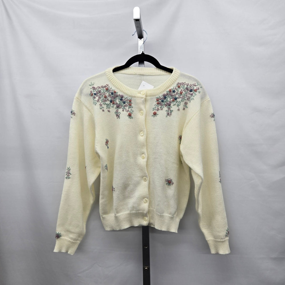 Vintage Cream Floral Embroidered Button-Front Cardigan – Size M