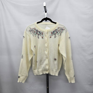 Vintage Cream Floral Embroidered Button-Front Cardigan – Size M