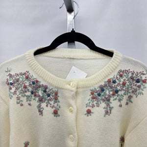 Vintage Cream Floral Embroidered Button-Front Cardigan – Size M