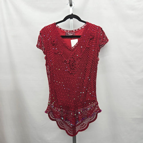 Vintage Feelings Red Crochet Sequin Beaded V-Neck Top – M/L