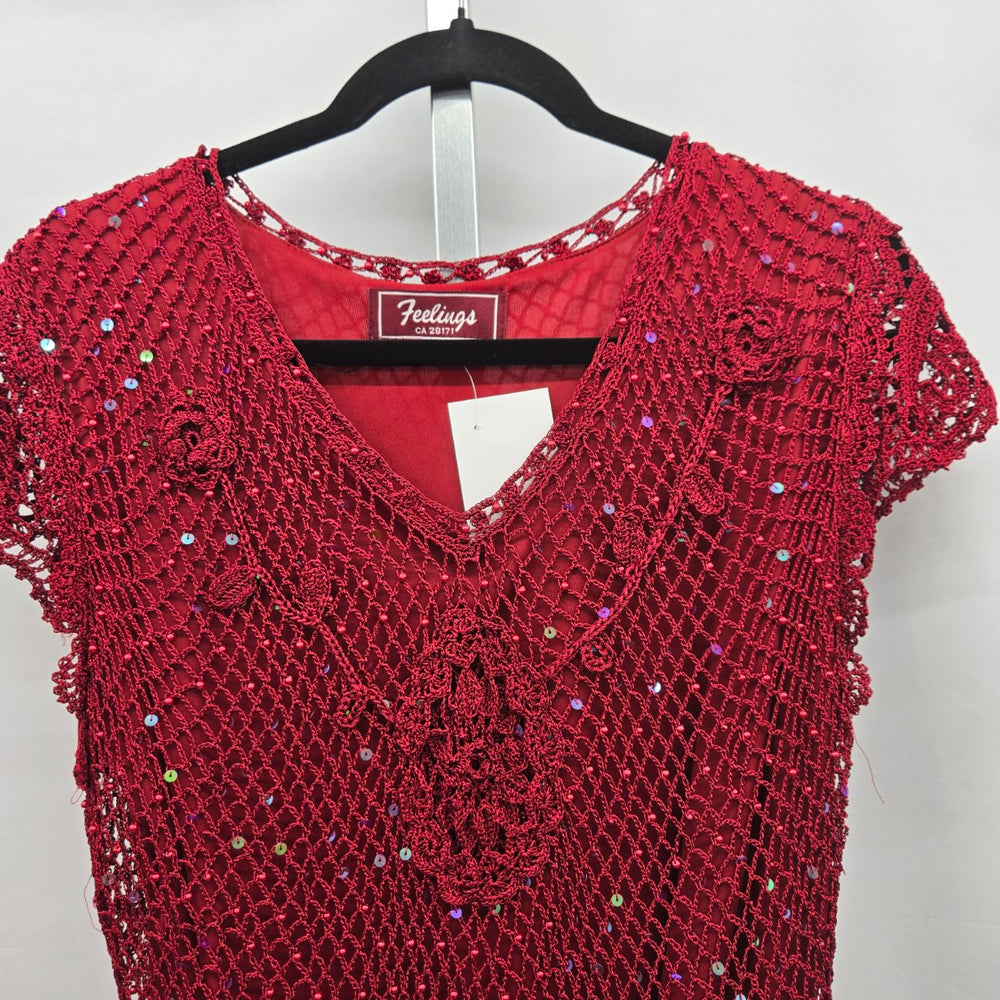 Vintage Feelings Red Crochet Sequin Beaded V-Neck Top – M/L