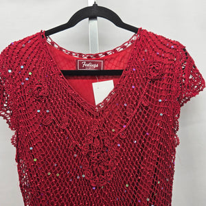 Vintage Feelings Red Crochet Sequin Beaded V-Neck Top – M/L