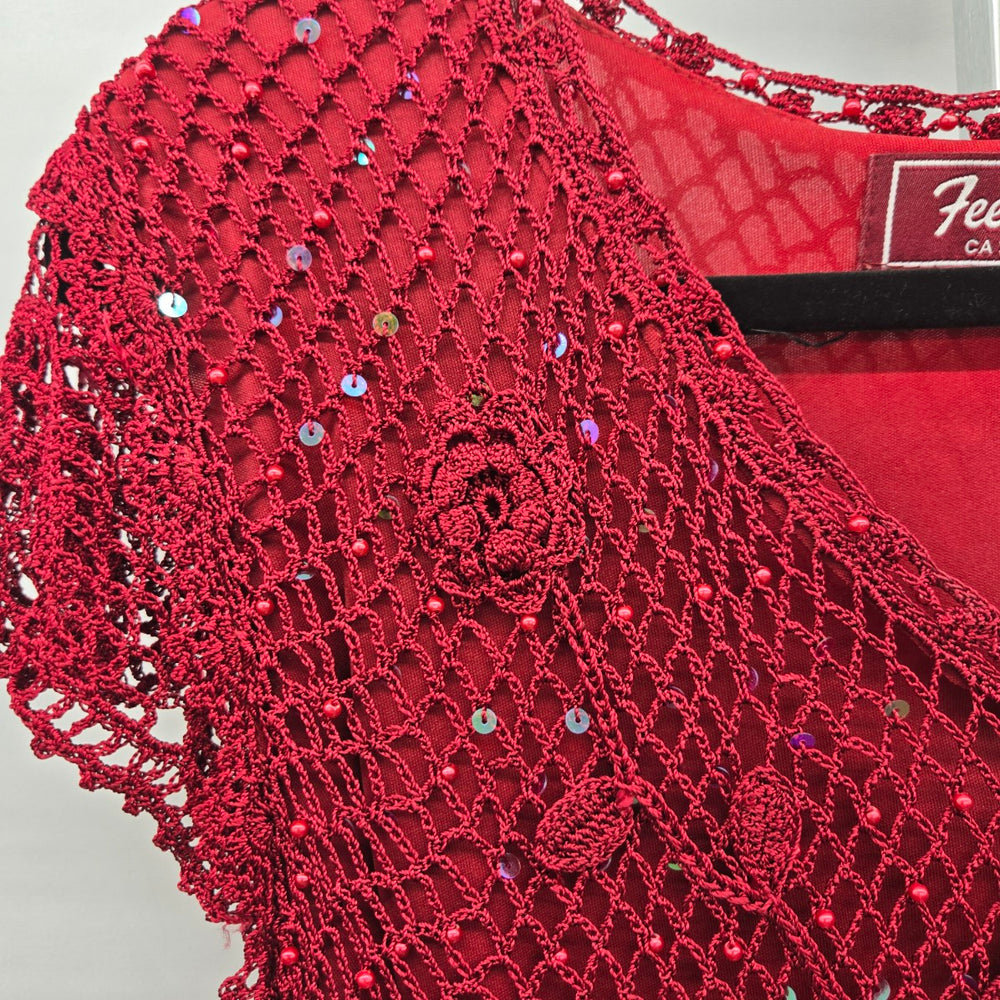 Vintage Feelings Red Crochet Sequin Beaded V-Neck Top – M/L