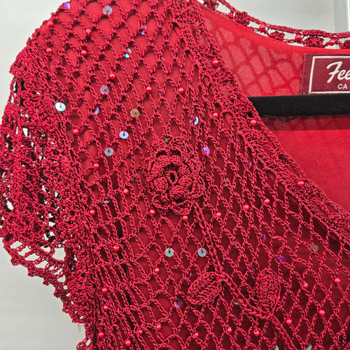 Vintage Feelings Red Crochet Sequin Beaded V-Neck Top – M/L