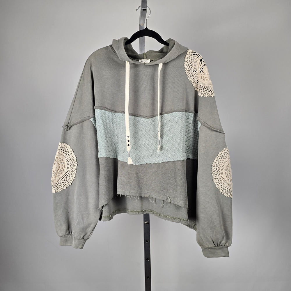 POL Gray Crochet Patchwork Oversize Hooded Sweatshirt - Size M/L