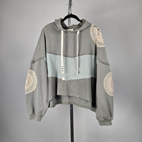 POL Gray Crochet Patchwork Oversize Hooded Sweatshirt - Size M/L