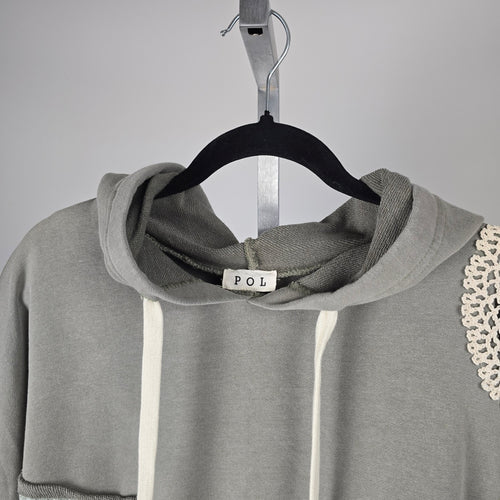 POL Gray Crochet Patchwork Oversize Hooded Sweatshirt - Size M/L