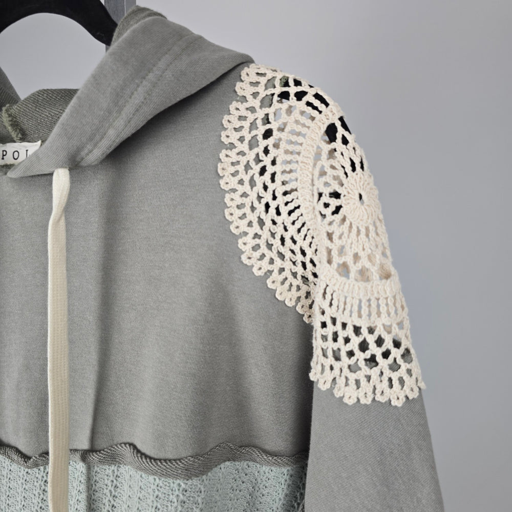POL Gray Crochet Patchwork Oversize Hooded Sweatshirt - Size M/L