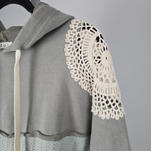 POL Gray Crochet Patchwork Oversize Hooded Sweatshirt - Size M/L