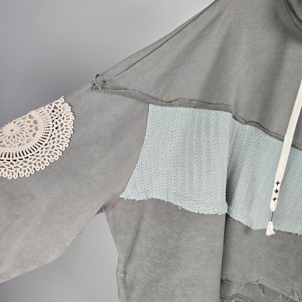 POL Gray Crochet Patchwork Oversize Hooded Sweatshirt - Size M/L