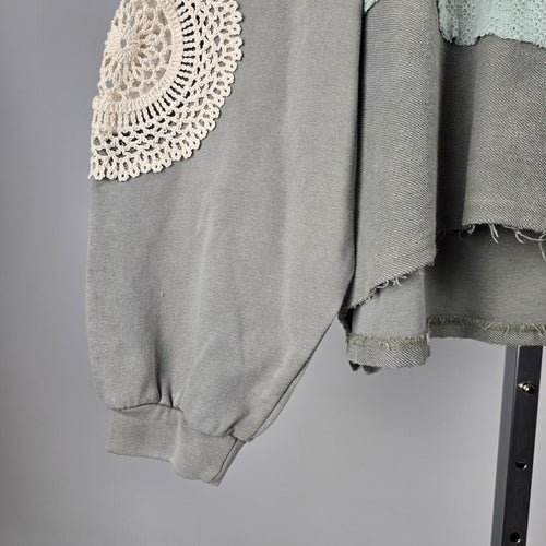 POL Gray Crochet Patchwork Oversize Hooded Sweatshirt - Size M/L